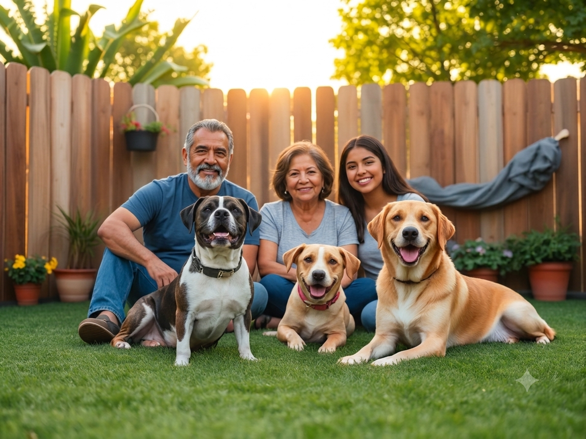 A happy family with dogs in a clean backyard