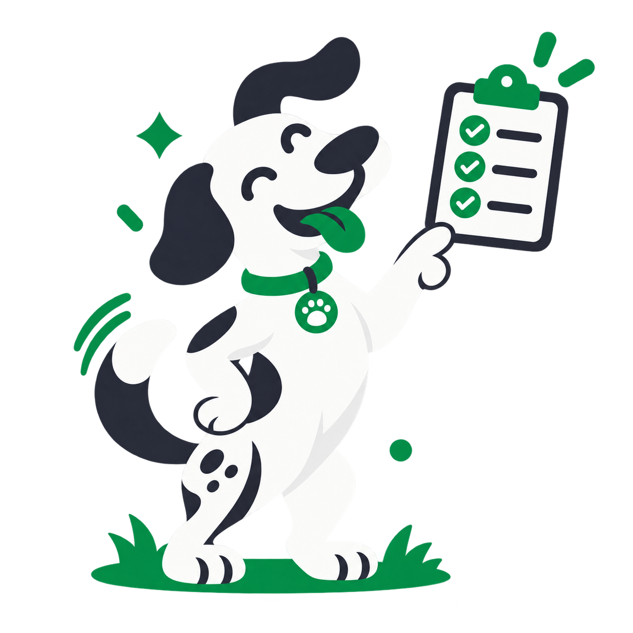 Happy spotted dog holding a clipboard with checkmarks