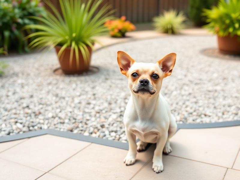 A small dog in a fresh, deodorized backyard patio